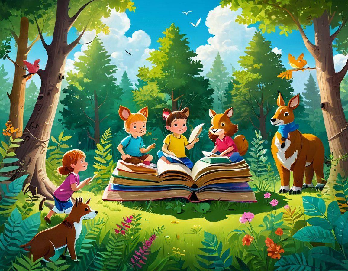 A whimsical scene depicting a group of diverse children joyfully exploring a lush forest filled with oversized educational books, playful animals, and colorful plants. They are engaged in fun activities like building a fort, reading, and discovering hidden treasures that spark curiosity. The sky is bright and sunny, radiating a sense of adventure and learning. Illustrate this in a bright, cartoonish style with vibrant colors, evoking a sense of wonder and imagination.