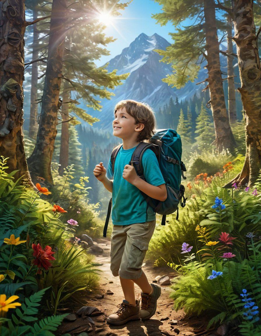 A joyful child exploring a lush, vibrant forest, discovering colorful flowers and playful wildlife, with a compass in hand and a backpack filled with adventure gear. Sunlight pouring through the trees creates a magical atmosphere, evoking a sense of wonder and curiosity. In the background, hints of mountains and a clear blue sky add to the sense of adventure. super-realistic. vibrant colors. outdoor setting.