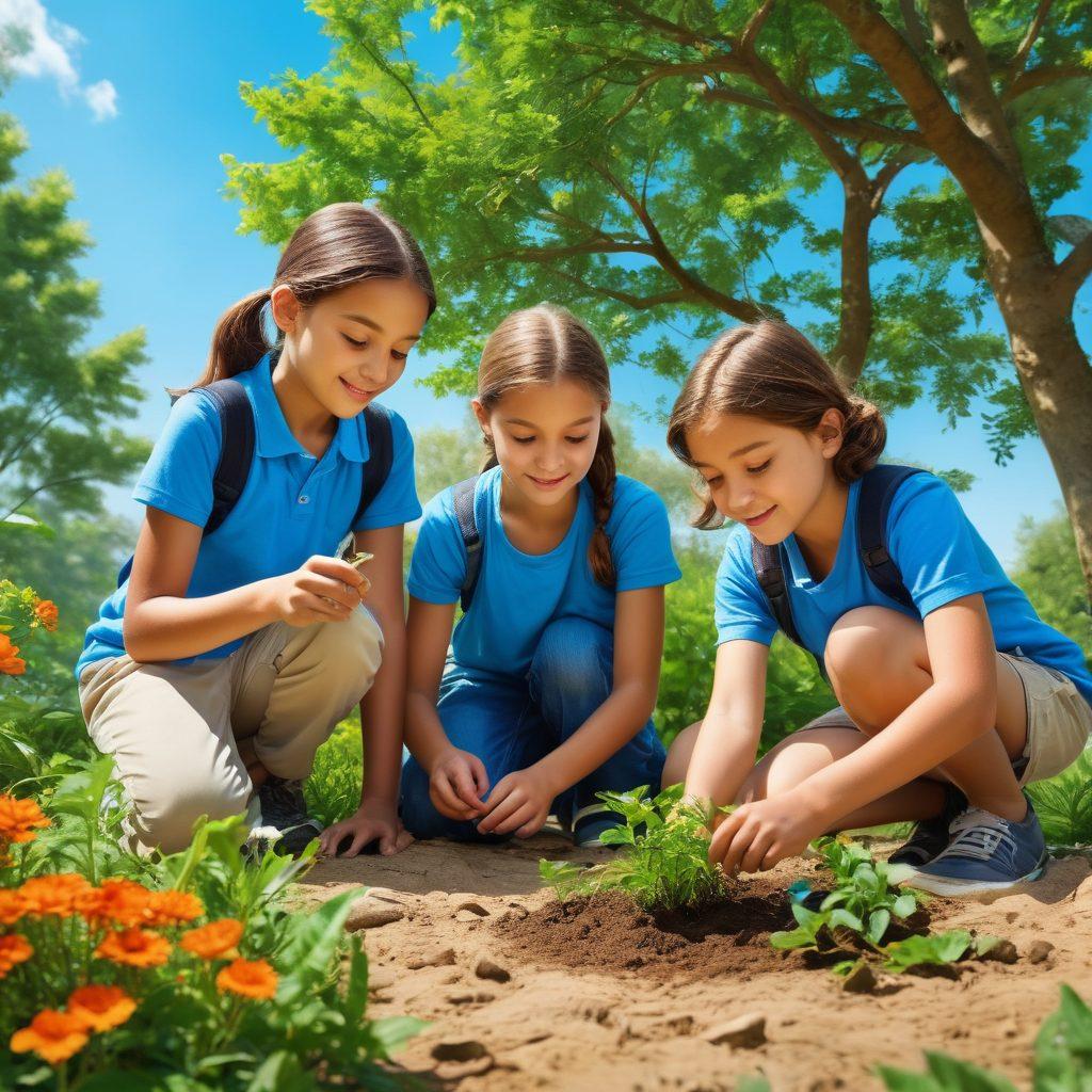 A vibrant outdoor scene showcasing diverse youth engaged in various nature-based activities, such as searching for insects, planting a tree, and sketching plants. Include bright flowers and lush greenery in the background, with a clear blue sky enhancing the joyful atmosphere of discovery and learning. Capture the essence of curiosity and teamwork. vibrant colors. super-realistic.